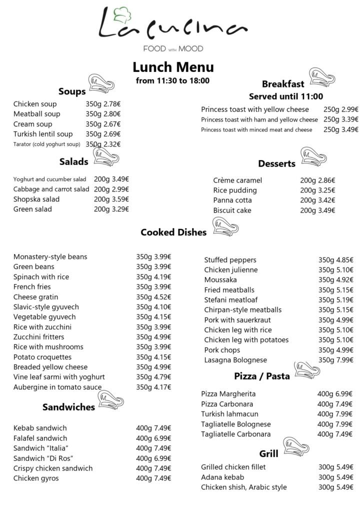 La Cucina Trakia lunch menu – from 11:30 to 18:00